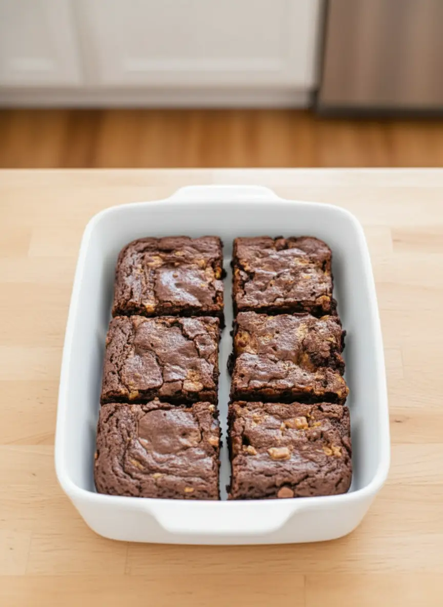 A shot of brownie batter for Butterfinger Brownies in a minimalist white ceramic mixing bowl on a marble countertop, with chopped Butterfinger pieces gently folded in. A wooden spoon rests inside the bowl. Natural morning light, soft shadows, warm tones. (3:4 ratio, no hands/people)