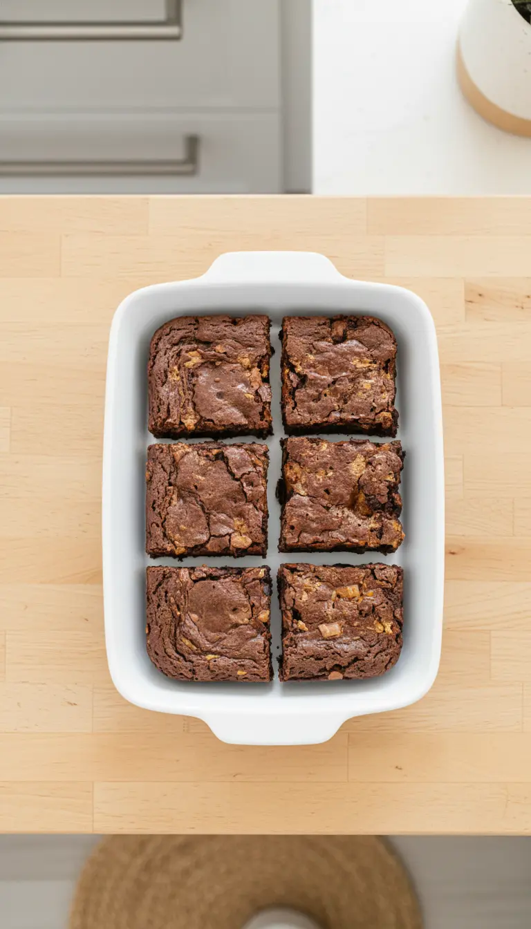 A decadent stack of two Butterfinger Brownies on a minimalist white plate, showcasing the fudgy interior and crunchy Butterfinger pieces. The plate rests on a marble countertop with a subtle wood accent. Natural morning light creates soft shadows, a few fresh herbs are subtly visible in the background. (3:4 ratio, no hands/people)