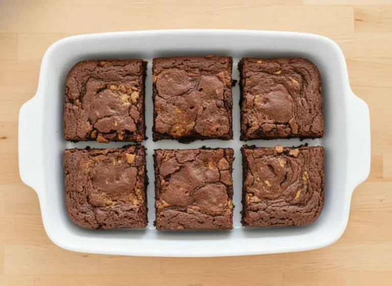 A hero shot of perfectly cut Butterfinger Brownies arranged on white parchment paper on a marble countertop, showing the crinkly, rich chocolate tops and visible Butterfinger chunks. Illuminated by natural morning light, with soft shadows and warm tones. A subtle wooden accent board is nearby in the background. (4:3 ratio, no hands/people)