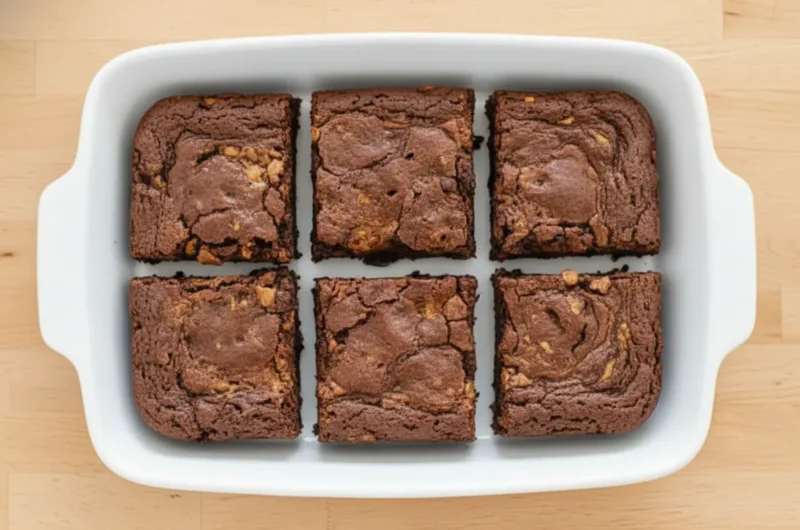 A hero shot of perfectly cut Butterfinger Brownies arranged on white parchment paper on a marble countertop, showing the crinkly, rich chocolate tops and visible Butterfinger chunks. Illuminated by natural morning light, with soft shadows and warm tones. A subtle wooden accent board is nearby in the background. (4:3 ratio, no hands/people)