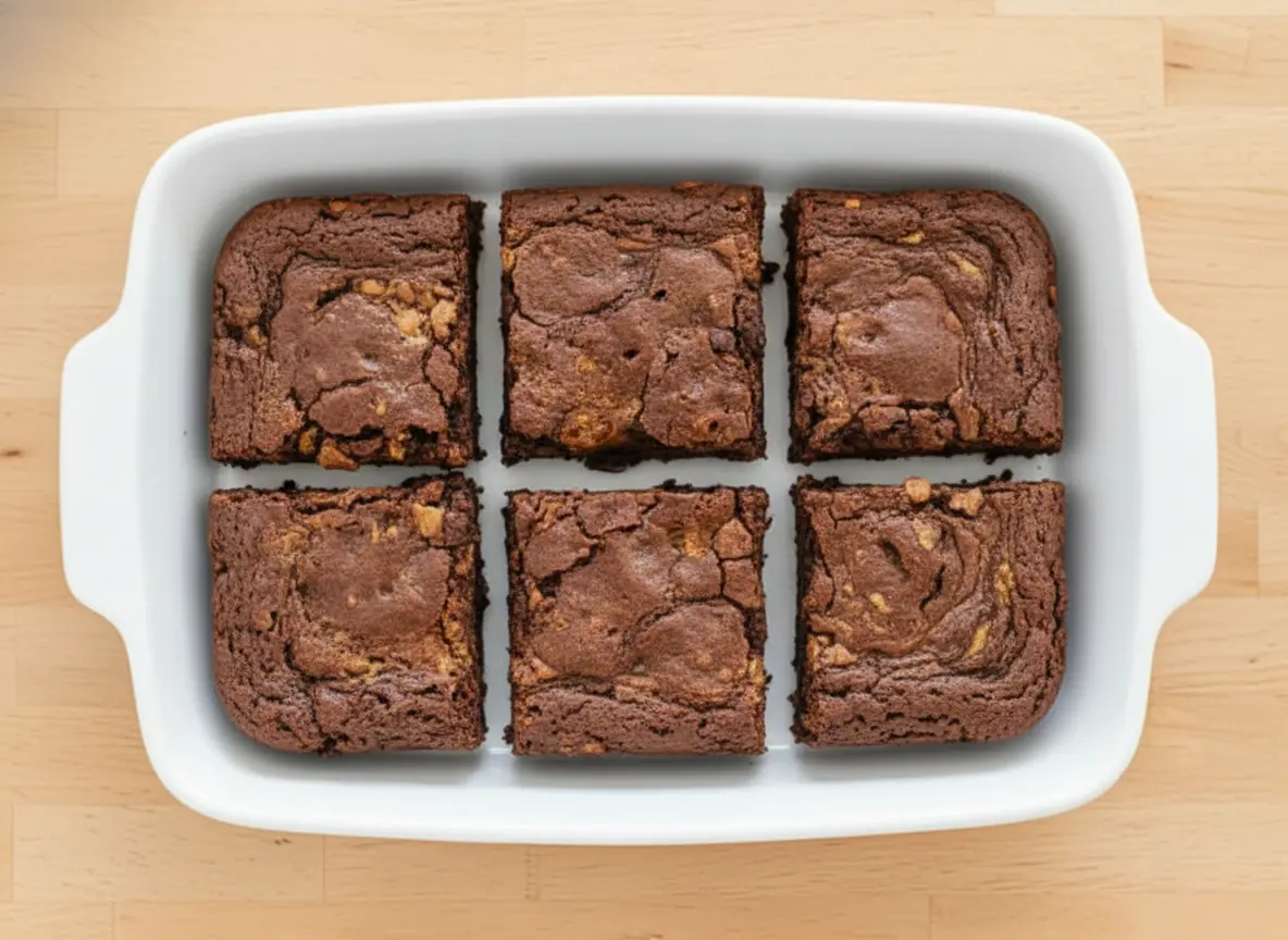 A hero shot of perfectly cut Butterfinger Brownies arranged on white parchment paper on a marble countertop, showing the crinkly, rich chocolate tops and visible Butterfinger chunks. Illuminated by natural morning light, with soft shadows and warm tones. A subtle wooden accent board is nearby in the background. (4:3 ratio, no hands/people)