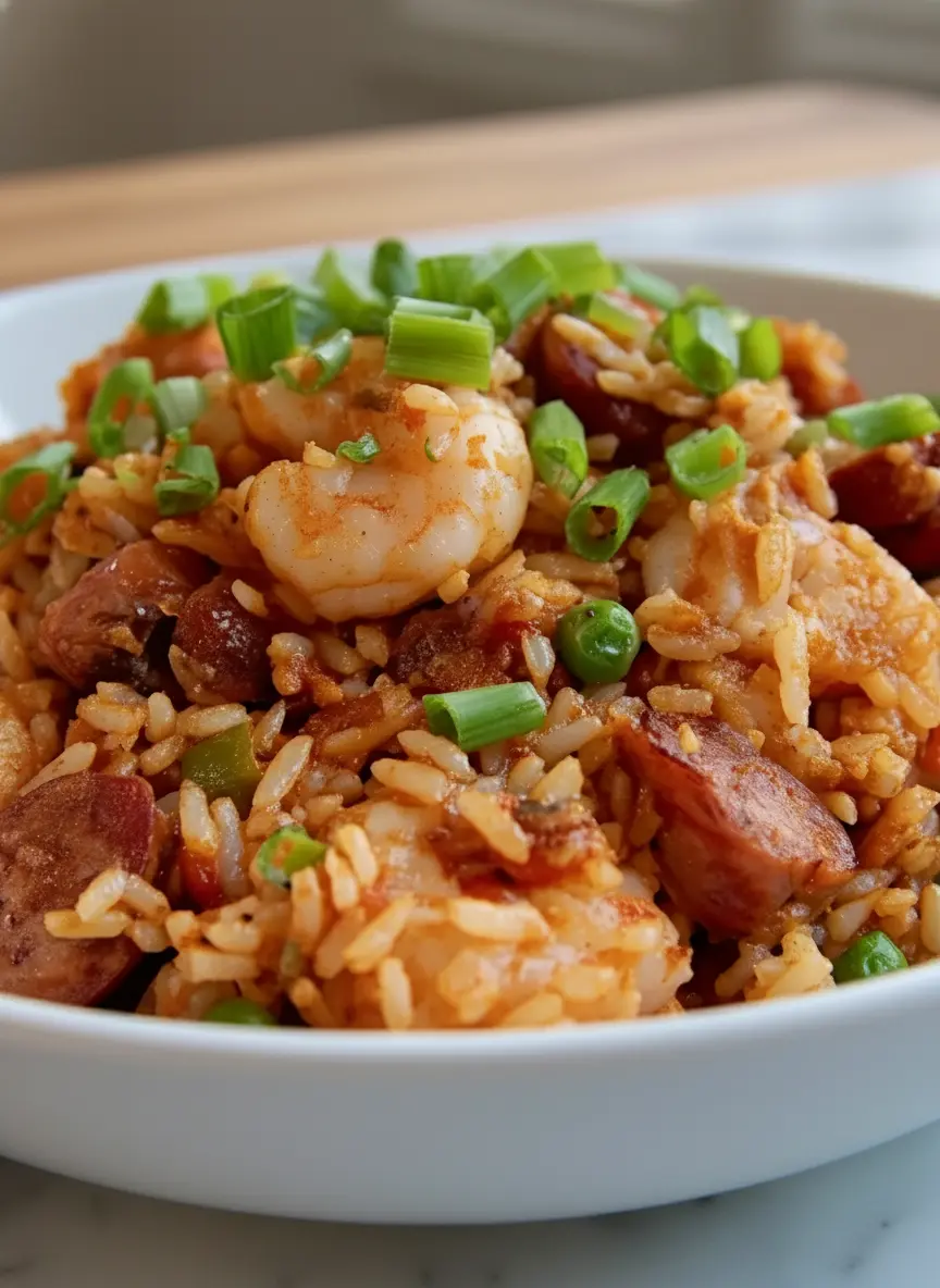 A clean shot of the key ingredients for Classic Jambalaya (Chicken, Shrimp & Rice) arranged artfully on the same wooden cutting board: uncooked long-grain rice in a ceramic bowl, fresh green onions, raw shrimp, sliced Andouille sausage, diced chicken, chopped bell pepper, celery, and onion. Natural morning light illuminates the scene on a marble countertop, with soft shadows and warm tones. No hands or people visible. (3:4 ratio)