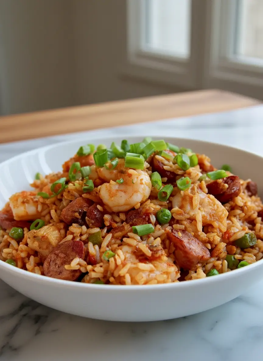 A close-up of the Classic Jambalaya (Chicken, Shrimp & Rice) cooking process in a large Dutch oven on a stovetop, capturing the moment when the rice, chicken, sausage, and broth are simmering. Steam subtly rises, showing the rich red-orange color of the liquid and ingredients. The focus is on the textured mixture inside the pot, with a minimalist kitchen background, soft natural light, and a clean tidy presentation. No hands or people visible. (3:4 ratio)