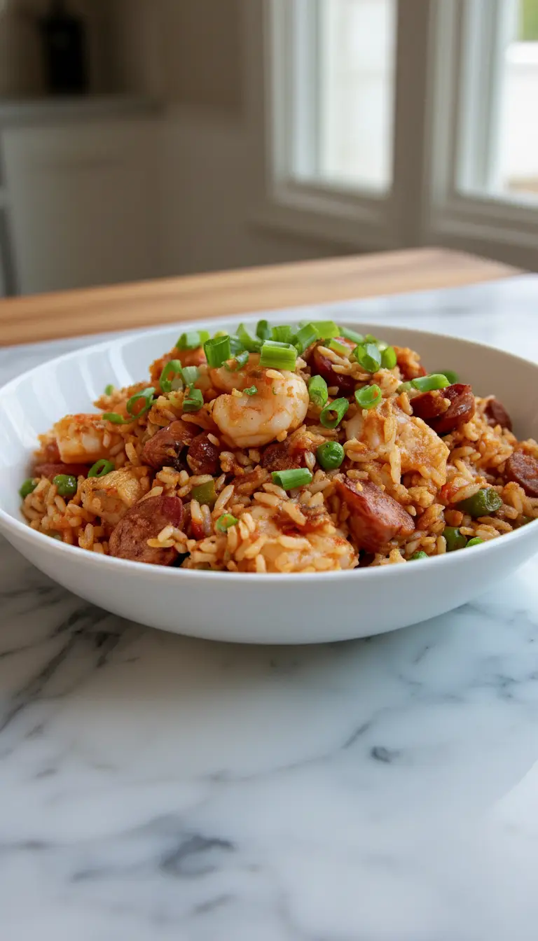 A beautifully plated serving of Classic Jambalaya (Chicken, Shrimp & Rice) on a white minimalist plate, showcasing the fluffy, separate grains of red-orange rice, tender shrimp, and hearty sausage. It's generously topped with freshly chopped bright green onions, emphasizing texture and freshness. The plate rests on a marble countertop, illuminated by soft natural light, with hints of fresh herbs in a ceramic bowl in the background. No hands or people visible. (3:4 ratio)