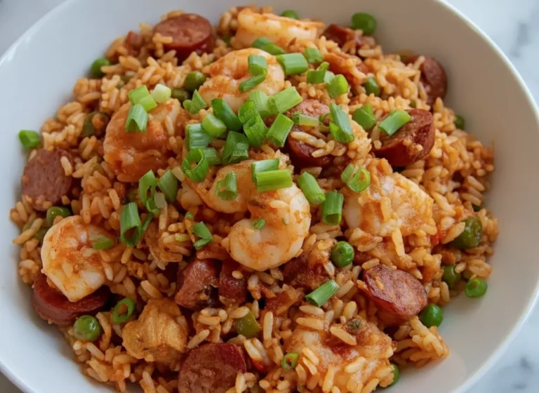 A generous serving of Classic Jambalaya (Chicken, Shrimp & Rice) on a minimalist white plate, showcasing vibrant red-orange rice, large cooked shrimp, visible slices of Andouille sausage, and a fresh sprinkle of chopped green onions on top. The dish is presented on a clean marble countertop, with soft natural morning light from an east window casting subtle shadows. A hint of a wooden accent (like a cutting board) is visible in the soft-focus background, maintaining a warm and inviting atmosphere. No hands or people visible. (4:3 ratio)