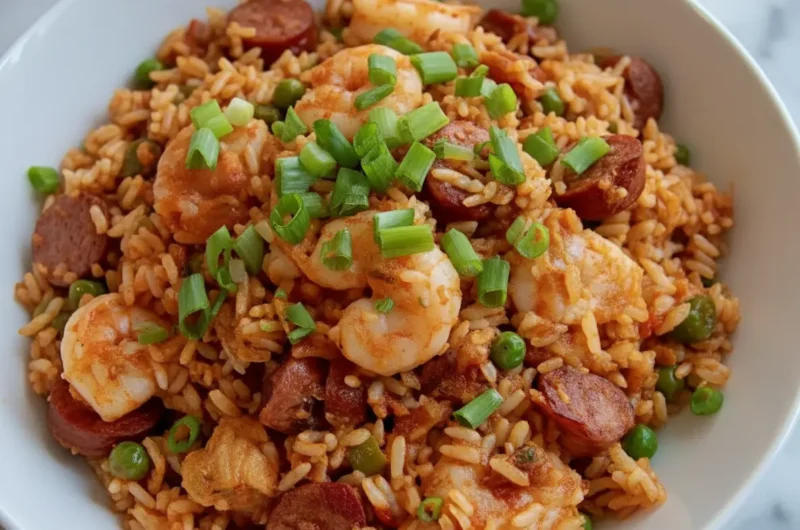 A generous serving of Classic Jambalaya (Chicken, Shrimp & Rice) on a minimalist white plate, showcasing vibrant red-orange rice, large cooked shrimp, visible slices of Andouille sausage, and a fresh sprinkle of chopped green onions on top. The dish is presented on a clean marble countertop, with soft natural morning light from an east window casting subtle shadows. A hint of a wooden accent (like a cutting board) is visible in the soft-focus background, maintaining a warm and inviting atmosphere. No hands or people visible. (4:3 ratio)