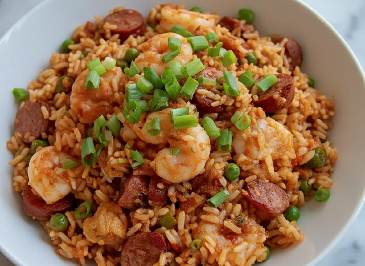 A generous serving of Classic Jambalaya (Chicken, Shrimp & Rice) on a minimalist white plate, showcasing vibrant red-orange rice, large cooked shrimp, visible slices of Andouille sausage, and a fresh sprinkle of chopped green onions on top. The dish is presented on a clean marble countertop, with soft natural morning light from an east window casting subtle shadows. A hint of a wooden accent (like a cutting board) is visible in the soft-focus background, maintaining a warm and inviting atmosphere. No hands or people visible. (4:3 ratio)