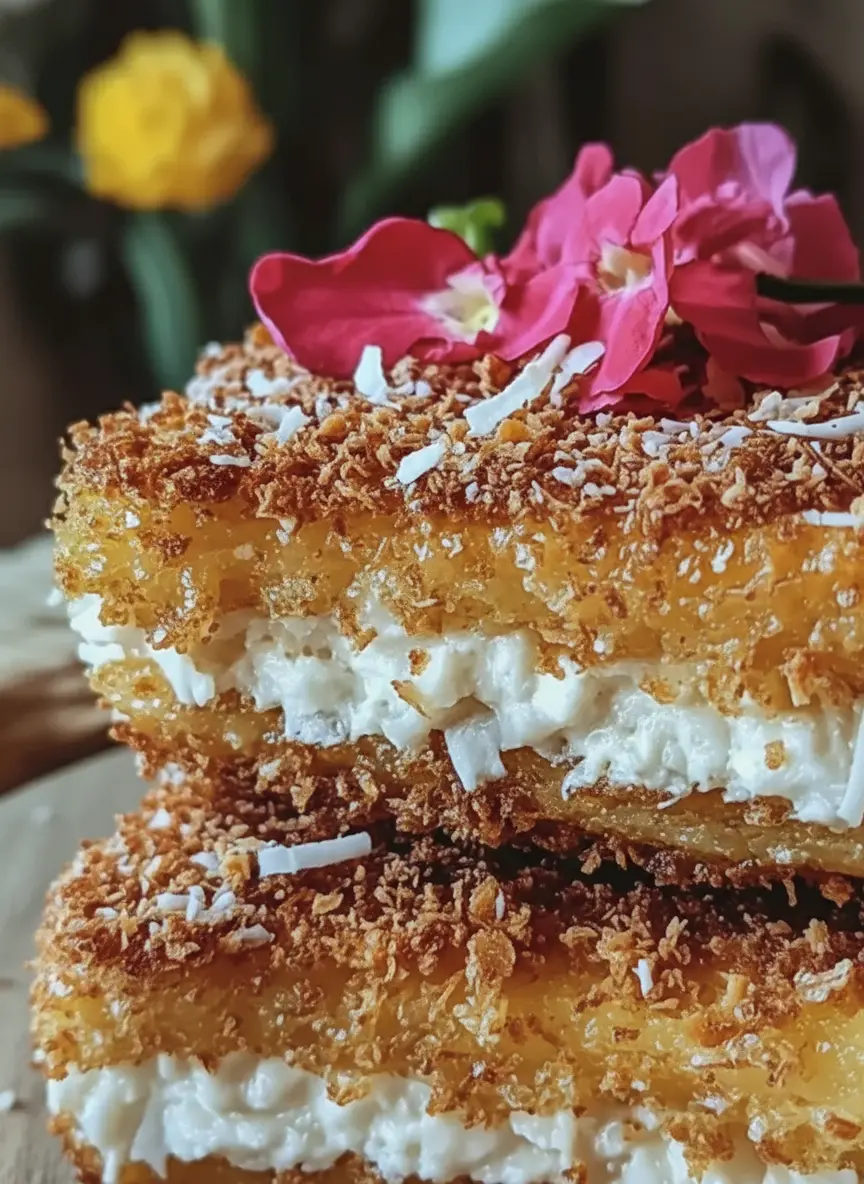 Ingredients for Coconut Crusted Stuffed French Toast beautifully arranged on a wooden cutting board on a marble countertop. Visible items include slices of brioche, a bowl of shredded toasted coconut, a bowl of cream cheese filling, eggs, milk, and a sprig of fresh mint, all under natural morning light with soft shadows and warm tones. (3:4 ratio)