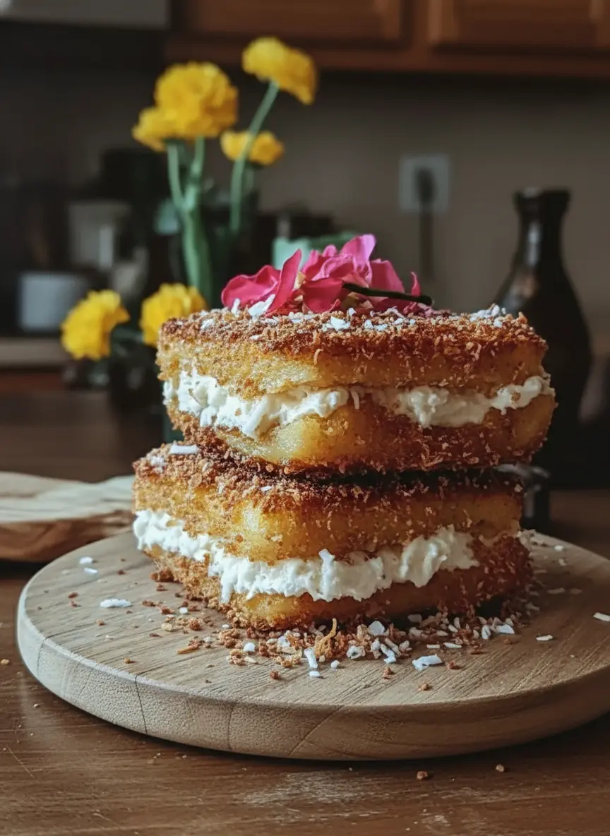 A rectangular slice of French toast being pressed into a shallow ceramic bowl filled with golden toasted shredded coconut, creating a generous crust. The preparation is happening on a wooden cutting board on a marble countertop, illuminated by natural morning light, with a clean and tidy aesthetic. (3:4 ratio)
