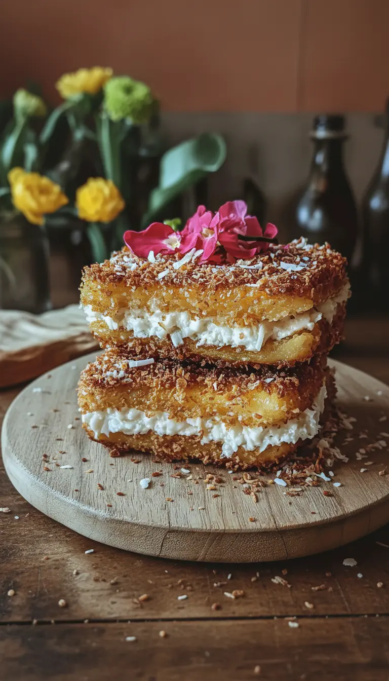 A close-up side view of a single Coconut Crusted Stuffed French Toast slice, perfectly golden and crispy with visible toasted coconut texture on the exterior, showing the creamy white filling slightly oozing. It rests on a minimalist white plate with scattered loose coconut flakes, against a marble backdrop with soft morning light and warm tones. (3:4 ratio)