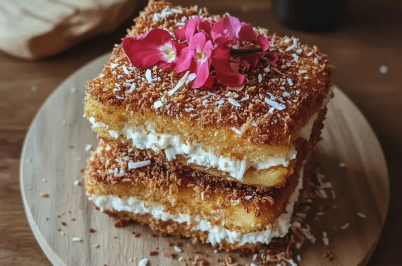 A stunning close-up of two rectangular Coconut Crusted Stuffed French Toast slices, stacked vertically on a minimalist white plate, with a thick, visible layer of white creamy filling between the golden-brown toasted coconut crusts. The top slice is garnished with delicate pink orchid petals. The scene is bathed in natural morning light from an east window, with soft shadows, warm tones, and a clean, tidy presentation on a marble countertop with subtle wood accents and blurred fresh herbs in the background. (4:3 ratio)