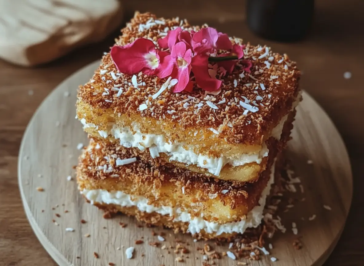 A stunning close-up of two rectangular Coconut Crusted Stuffed French Toast slices, stacked vertically on a minimalist white plate, with a thick, visible layer of white creamy filling between the golden-brown toasted coconut crusts. The top slice is garnished with delicate pink orchid petals. The scene is bathed in natural morning light from an east window, with soft shadows, warm tones, and a clean, tidy presentation on a marble countertop with subtle wood accents and blurred fresh herbs in the background. (4:3 ratio)