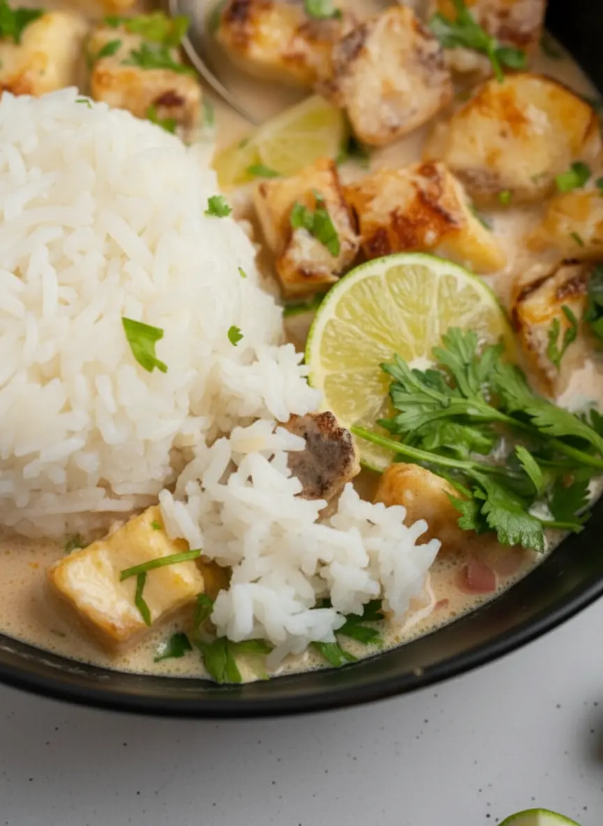 Close-up (3:4) of ingredients for coconut lime tofu laid out on a wooden cutting board on a marble countertop under natural morning light. Visible are neatly cubed firm tofu, fresh limes, a can of full-fat coconut milk, a bunch of fresh cilantro, and small white ceramic bowls of minced garlic and grated ginger. Clean and tidy presentation with soft shadows and warm tones. No hands or people.