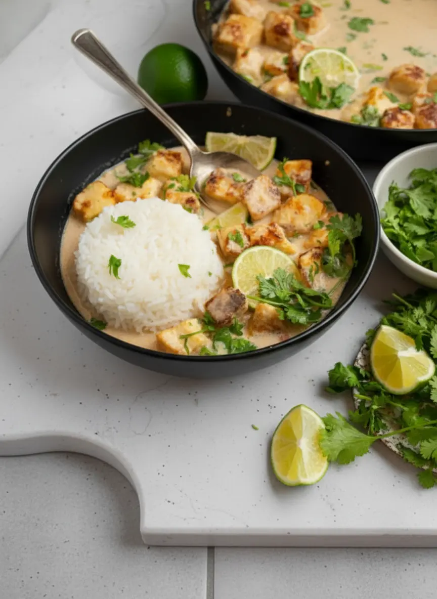 Close-up (3:4) shot of golden-brown pan-fried tofu cubes simmering gently in a creamy, slightly reddish-orange coconut lime sauce in a dark, rustic ceramic pan. A sprig of fresh cilantro rests elegantly on the edge of the pan. The background shows a marble countertop with soft natural morning light, creating warm tones and gentle shadows. No hands or people.
