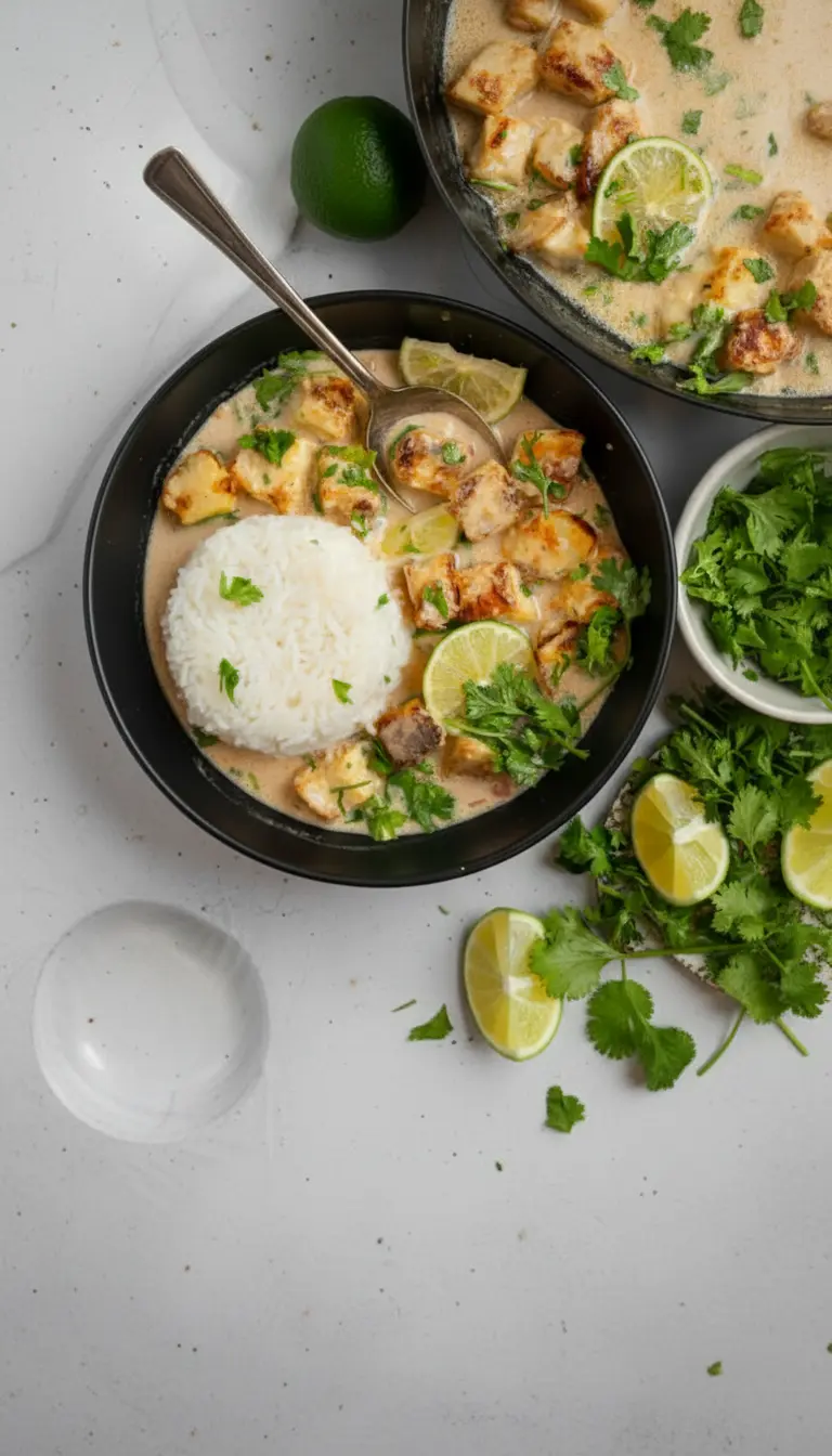 Vertical close-up (3:4) of a minimalist white ceramic bowl filled with creamy coconut lime tofu and fluffy white rice, with a vintage silver spoon scooping up a portion. The rich, slightly reddish-orange sauce coats the cubed tofu, which has golden-brown edges. Fresh cilantro and vibrant lime slices are prominently visible as garnish, emphasizing texture and freshness. The setting is a marble countertop with natural morning light and soft shadows, highlighting warm tones. No hands or people.