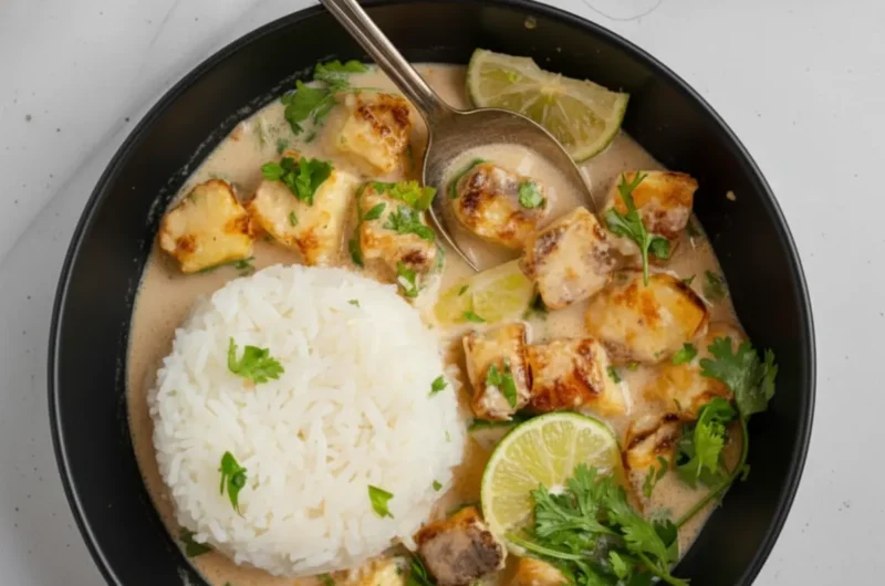 Overhead shot (4:3) of a minimalist white ceramic bowl filled with creamy coconut lime tofu and fluffy white rice, garnished with fresh cilantro and vibrant lime wedges. A vintage silver spoon rests in the bowl, capturing a spoonful. In the background, a dark rustic ceramic pan holds more of the coconut lime tofu. The scene is set on a marble countertop with soft natural morning light, subtle wood accents, and clean, warm tones. No hands or people.