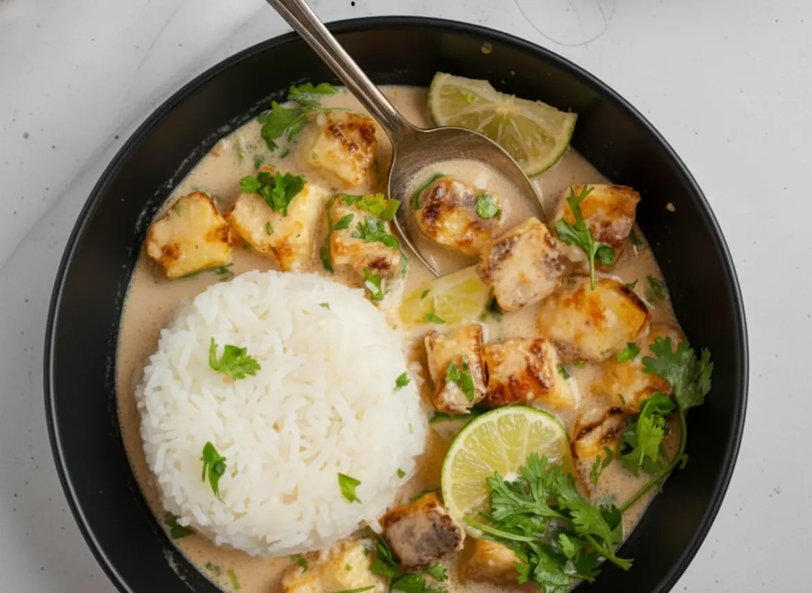 Overhead shot (4:3) of a minimalist white ceramic bowl filled with creamy coconut lime tofu and fluffy white rice, garnished with fresh cilantro and vibrant lime wedges. A vintage silver spoon rests in the bowl, capturing a spoonful. In the background, a dark rustic ceramic pan holds more of the coconut lime tofu. The scene is set on a marble countertop with soft natural morning light, subtle wood accents, and clean, warm tones. No hands or people.