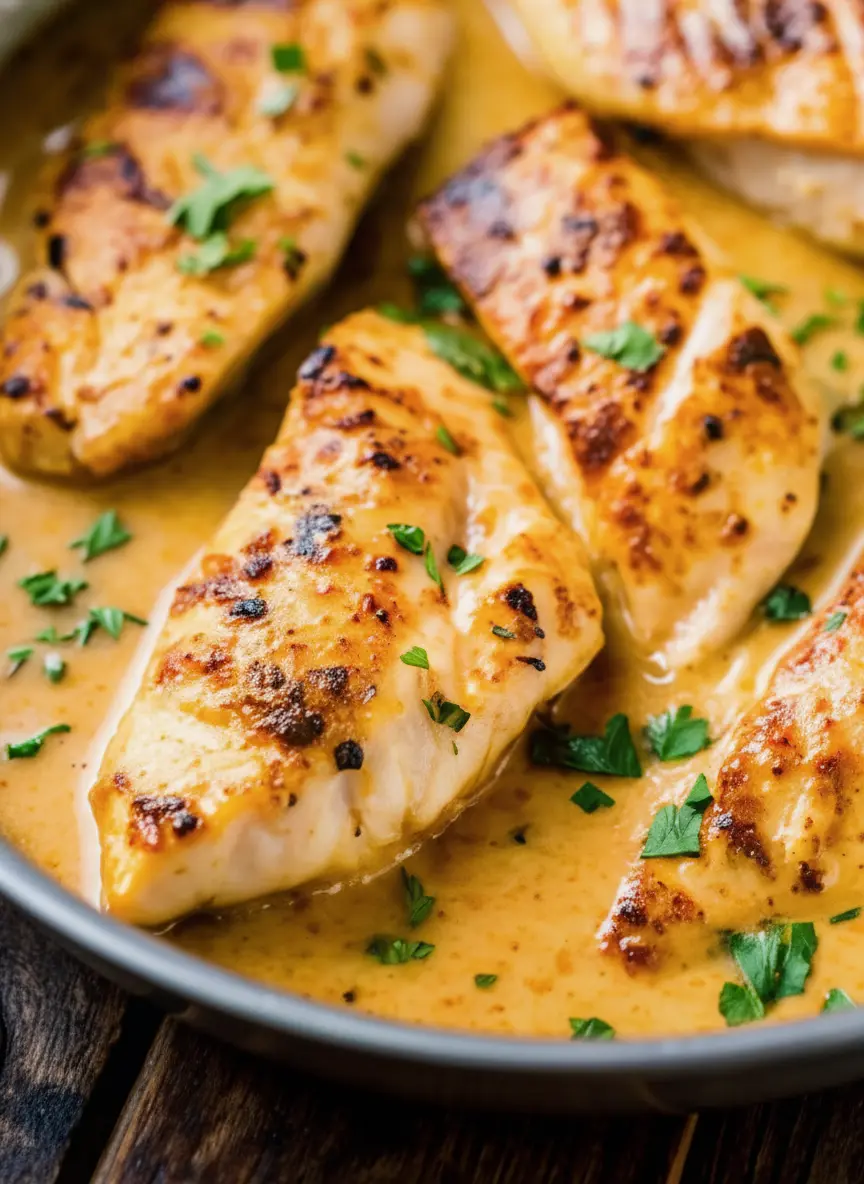 Overhead shot of fresh ingredients for Creamy Cilantro Lime Chicken laid out on a clean white marble countertop. This includes raw chicken breasts, a bowl of fresh cilantro, a cut lime, a small ceramic bowl of heavy cream, and individual spices in small ceramic pinch bowls, next to a well-used wooden cutting board. Natural morning light creates soft shadows. No hands or people. (3:4 ratio)
