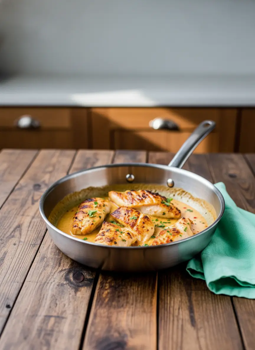 Mid-process shot of chicken fillets with grill marks being gently stirred into a simmering, vibrant orange-yellow creamy sauce in a stainless steel skillet on a stovetop. The pan is on a clean, light wood stovetop. Steam gently rises. Fresh herbs are already incorporated into the sauce. Natural morning light, warm tones. No hands or people. (3:4 ratio)