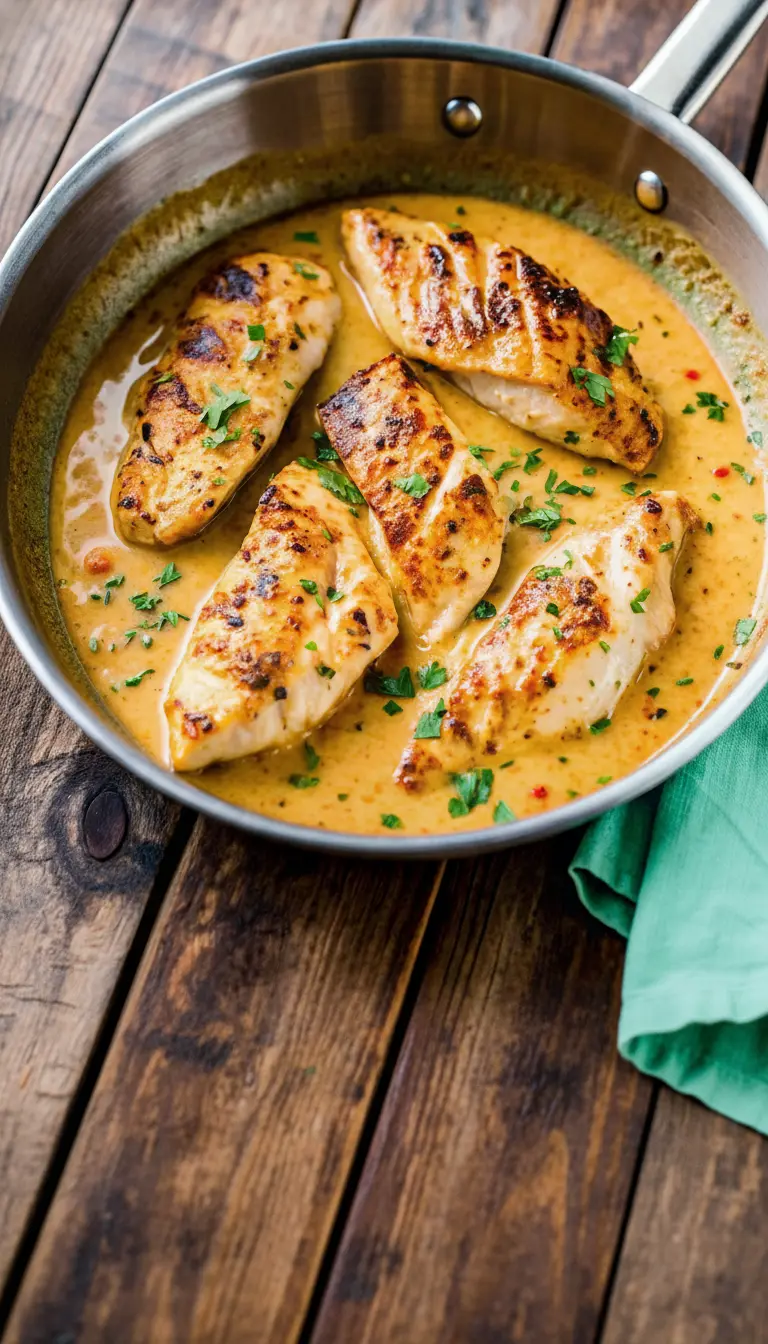 Styled shot of a single serving of Creamy Cilantro Lime Chicken on a minimalist white plate, showcasing a tender chicken fillet coated in the rich, vibrant orange-yellow sauce, garnished with fresh cilantro and red specks. The plate is on dark rustic wooden planks, with a small ceramic bowl of rice and a lime wedge on the side. Soft shadows under natural morning light from an east window. No hands or people. (3:4 ratio)
