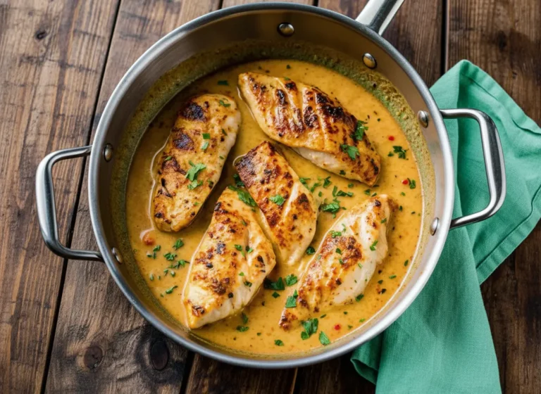Close-up, top-down shot of pan-seared chicken fillets with golden-brown grill marks, swimming in a vibrant orange-yellow creamy sauce in a stainless steel skillet. The dish is garnished with fresh chopped green herbs and small red chili flakes. The skillet is placed on dark, rustic wooden planks, with soft morning light from an east window casting warm tones and gentle shadows. A hint of a teal cloth is visible on the side. No hands or people. (4:3 ratio)