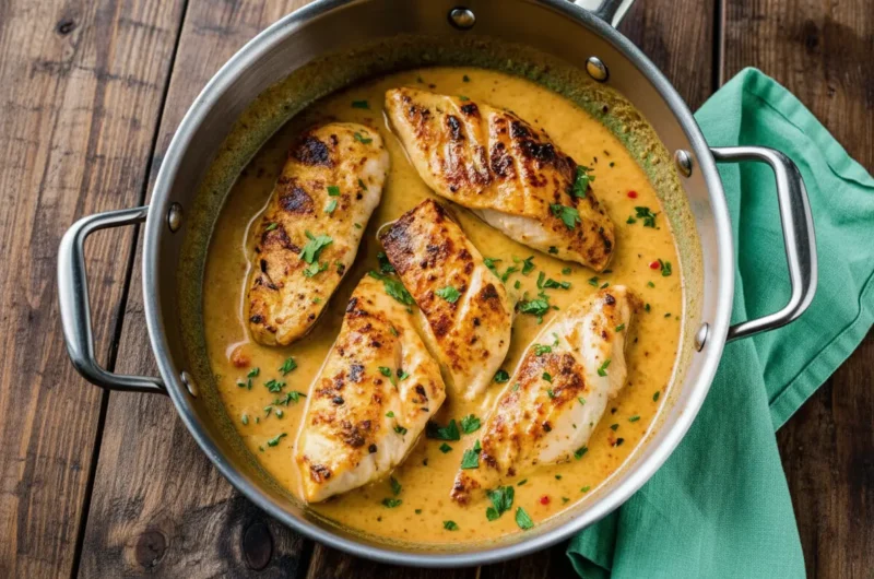 Close-up, top-down shot of pan-seared chicken fillets with golden-brown grill marks, swimming in a vibrant orange-yellow creamy sauce in a stainless steel skillet. The dish is garnished with fresh chopped green herbs and small red chili flakes. The skillet is placed on dark, rustic wooden planks, with soft morning light from an east window casting warm tones and gentle shadows. A hint of a teal cloth is visible on the side. No hands or people. (4:3 ratio)