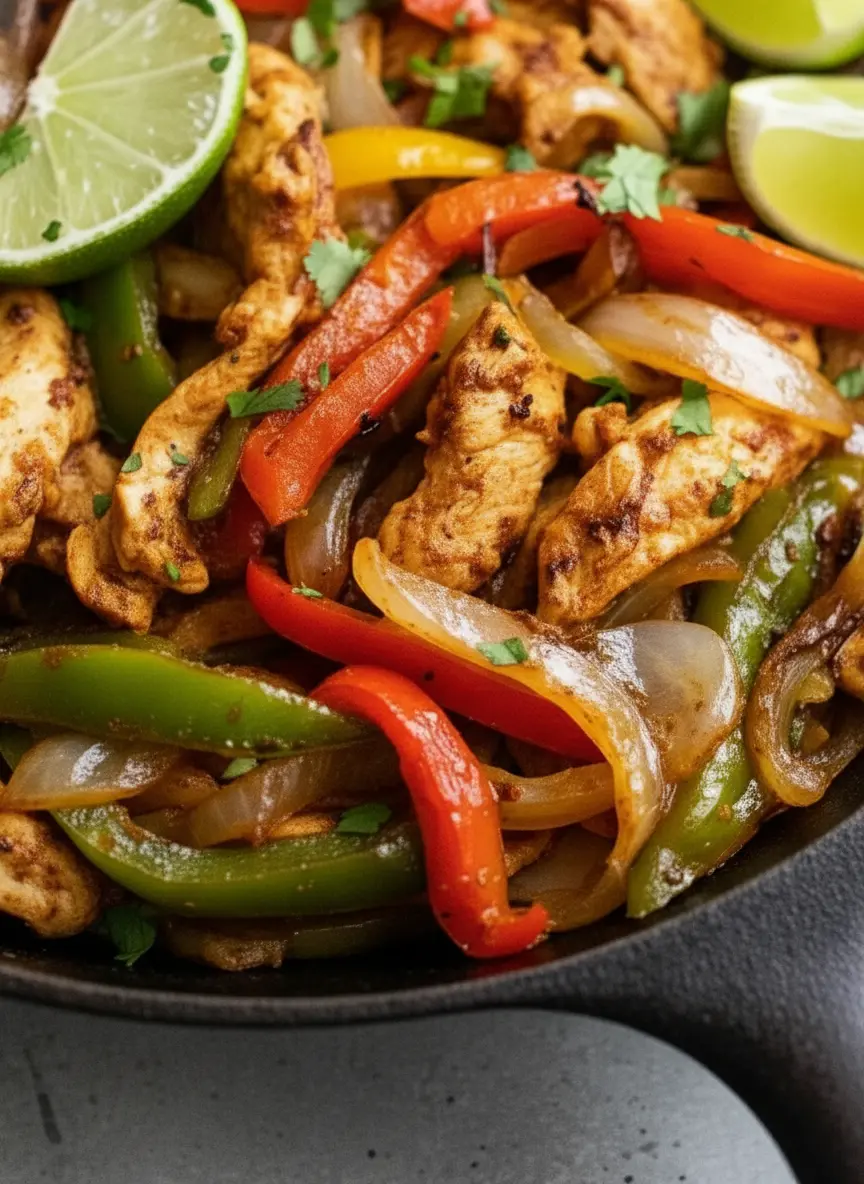 A rustic wooden cutting board laden with freshly sliced raw chicken breast strips, vibrant red and green bell peppers, and a sliced yellow onion, alongside a small white ceramic bowl of fajita seasoning. The scene is illuminated by natural morning light on a marble countertop, with fresh herbs in the background, soft shadows, and warm tones. Shot at a 3:4 ratio, clean and tidy presentation, no hands or people.