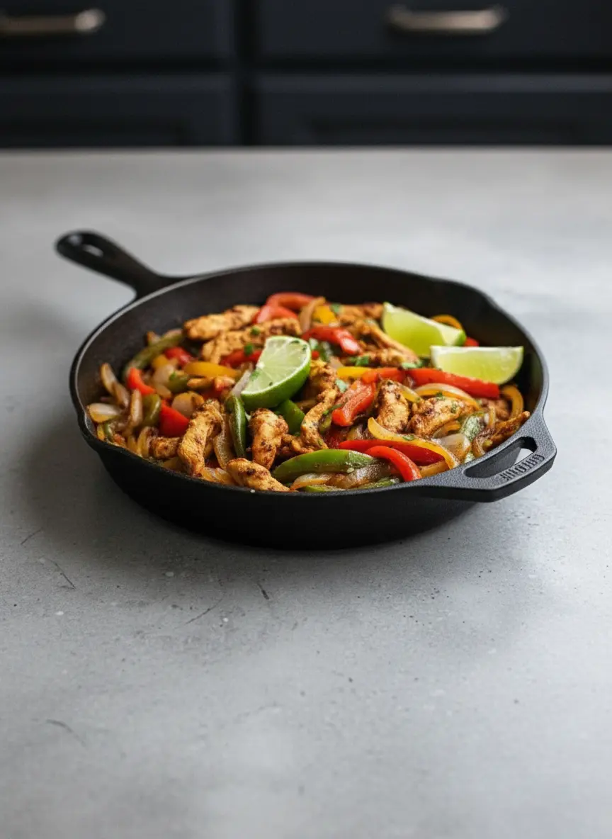 An open slow cooker crockpot, filled with layers of prepped ingredients for Crockpot Chicken Fajita: a base of sliced onions and bell peppers, topped with seasoned raw chicken strips. A slight shimmer of chicken broth is visible. The crockpot is on a marble countertop, with natural morning light creating soft shadows and warm tones, a minimalist aesthetic, and fresh herbs blurred in the background. Shot at a 3:4 ratio, clean and tidy presentation, no hands or people.