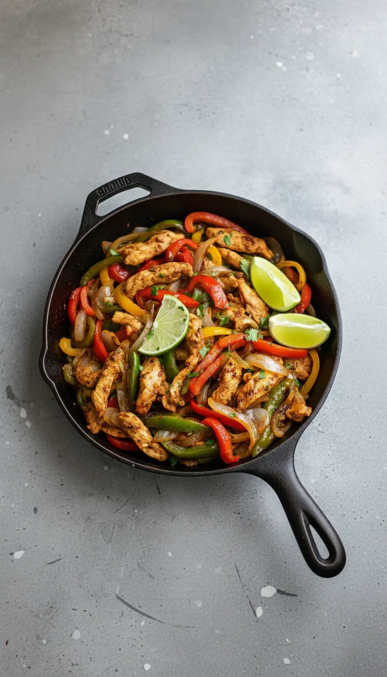 A close-up shot of a white plate holding a generous serving of cooked Crockpot Chicken Fajita, emphasizing the textures: juicy, seasoned chicken strips, tender, slightly caramelized red and green bell peppers, and soft onions. A vibrant lime wedge is perched on the side, and chopped cilantro is sprinkled over. The dish is presented on a minimalist white plate on a marble countertop with subtle wood accents, under natural morning light, capturing soft shadows and warm tones. Shot at a 3:4 ratio, clean and tidy presentation, no hands or people.