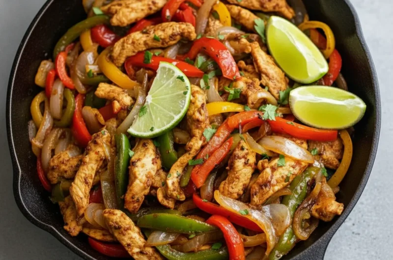 A white plate abundantly filled with vibrant Crockpot Chicken Fajita, showcasing tender, golden-brown chicken strips, brightly sautéed red and green bell peppers, and translucent onions. Fresh, bright green lime wedges and a sprinkle of cilantro garnish the dish. The plate sits on a light marble countertop with subtle wood accents in the background, bathed in natural morning light from an east window, with soft shadows and warm tones. Shot at a 4:3 ratio, clean and tidy presentation, no hands or people.