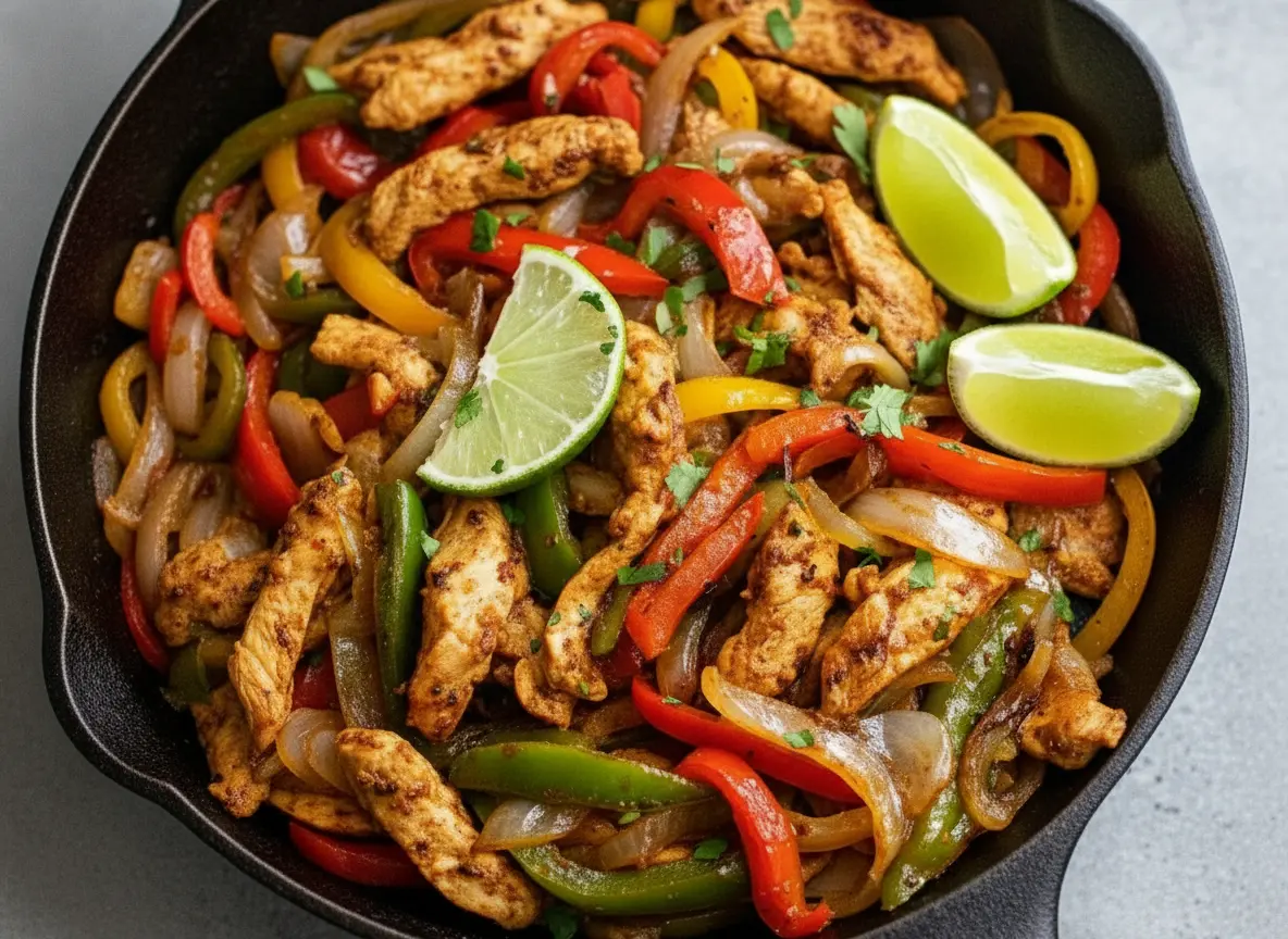 A white plate abundantly filled with vibrant Crockpot Chicken Fajita, showcasing tender, golden-brown chicken strips, brightly sautéed red and green bell peppers, and translucent onions. Fresh, bright green lime wedges and a sprinkle of cilantro garnish the dish. The plate sits on a light marble countertop with subtle wood accents in the background, bathed in natural morning light from an east window, with soft shadows and warm tones. Shot at a 4:3 ratio, clean and tidy presentation, no hands or people.