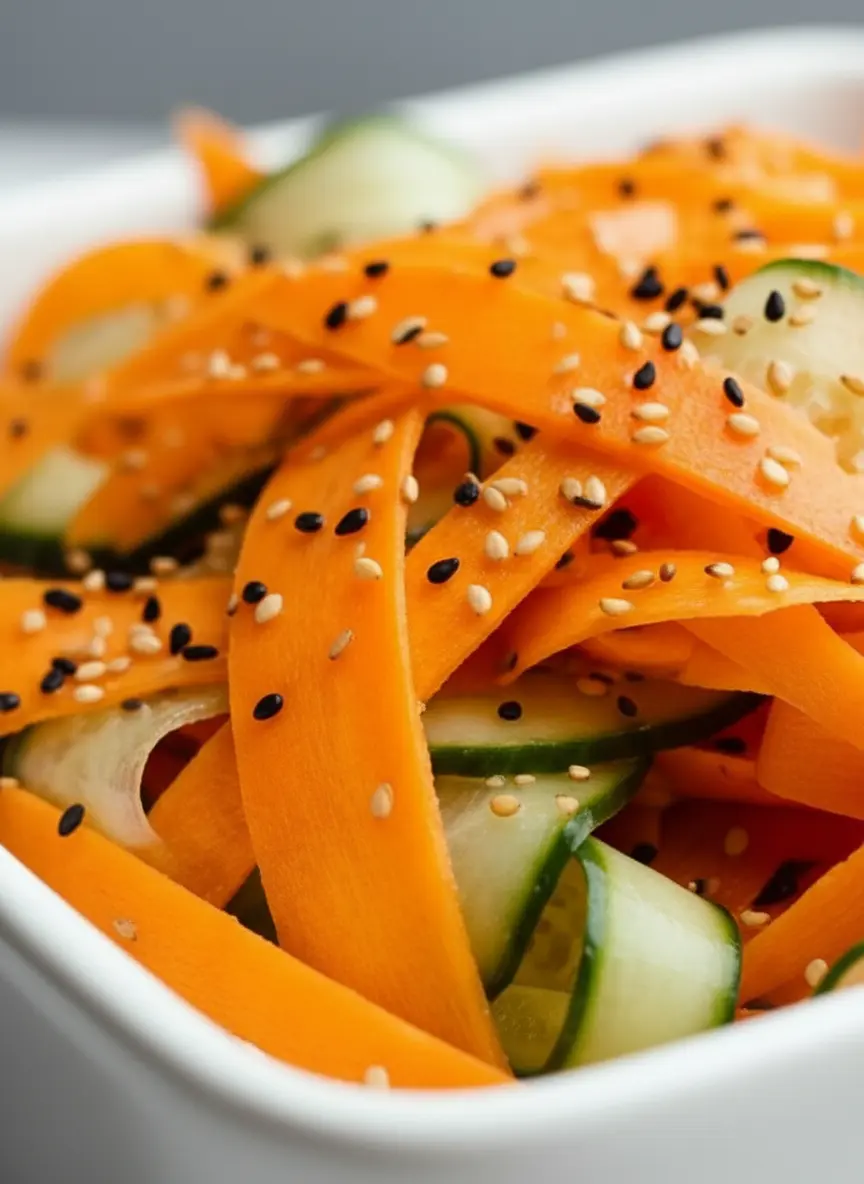 An overhead shot on a wooden cutting board showcasing vibrant, unpeeled carrots and a fresh cucumber alongside a vegetable peeler. Beside them, small ceramic bowls hold black and white sesame seeds, rice vinegar, and sesame oil. Natural morning light illuminates the marble countertop in the background, with soft shadows and a sprig of fresh herbs. Clean and tidy. 3:4 aspect ratio.
