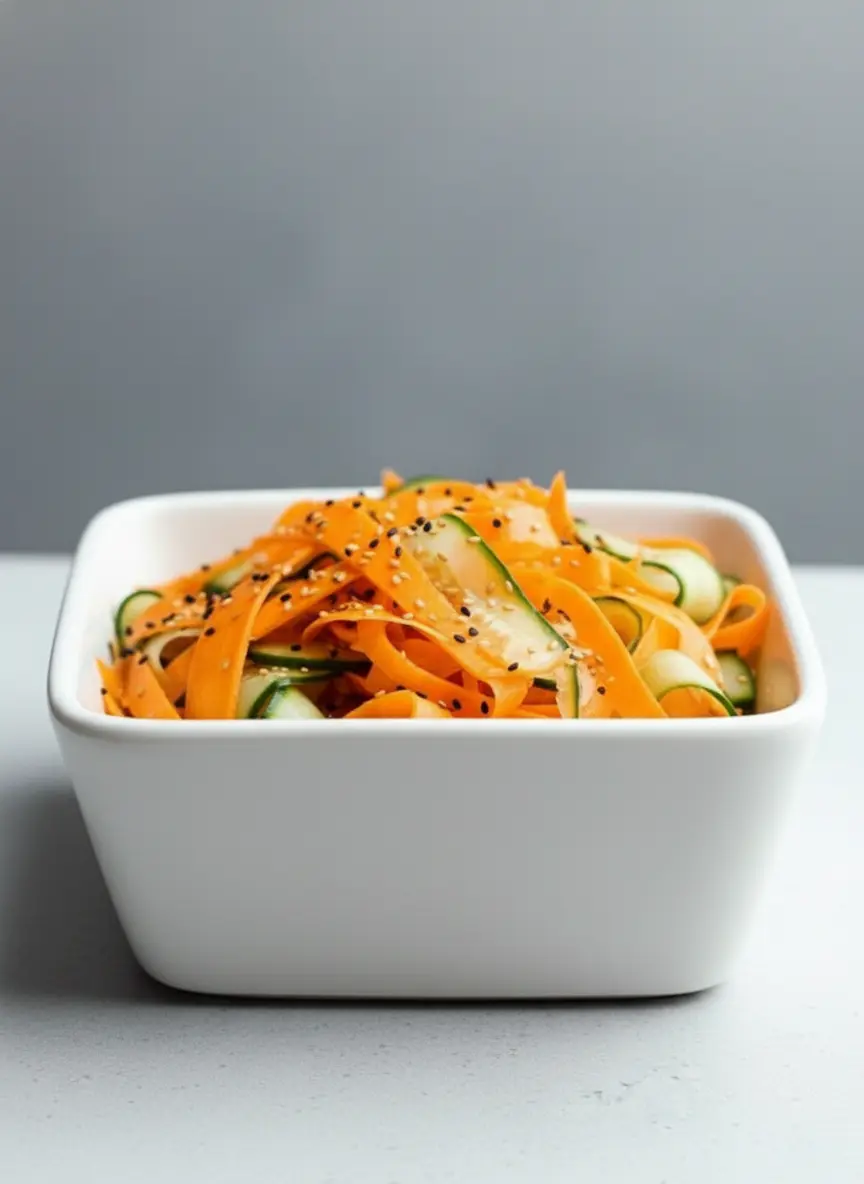 A close-up of a mound of freshly shaved orange carrot ribbons and green cucumber curls collected in a large ceramic mixing bowl on a marble countertop. A wooden spoon rests inside. The scene is bathed in natural morning light, casting soft shadows, with a blurred background showing wooden accents and a neat kitchen setting. 3:4 aspect ratio.
