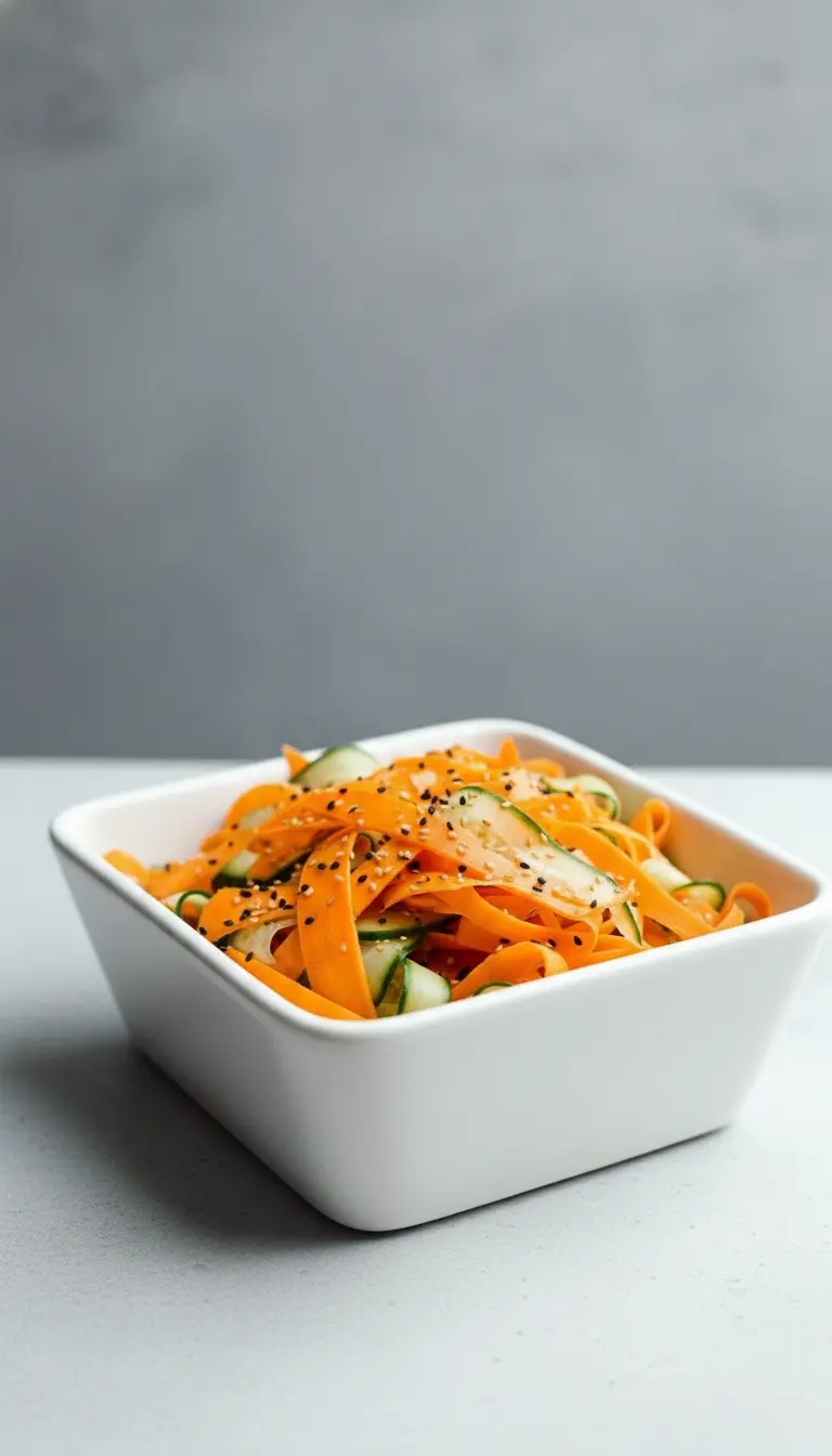 A tightly framed, enticing close-up of the Cucumber and Carrot Salad in a minimalist ceramic bowl, highlighting the delicate curls of cucumber and the bright orange carrot ribbons. Black and white sesame seeds are clearly visible on top, catching the soft natural morning light. The salad has a fresh, crisp appearance. The bowl is on a white plate on a marble counter, with a subtle wood accent in the background. 3:4 aspect ratio.