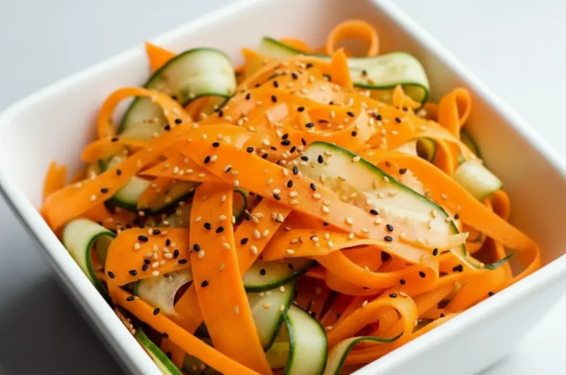 A vibrant close-up of a Cucumber and Carrot Salad in a textured ceramic bowl, filled with bright orange shaved carrots, green curly cucumber ribbons, and sprinkled generously with black and white sesame seeds. The bowl rests on a minimalist white plate on a light marble countertop. Natural morning light creates soft shadows. Wooden chopsticks are placed neatly beside the bowl, with a hint of fresh herbs in the warm, blurred background. The scene is clean and tidy. 4:3 aspect ratio.