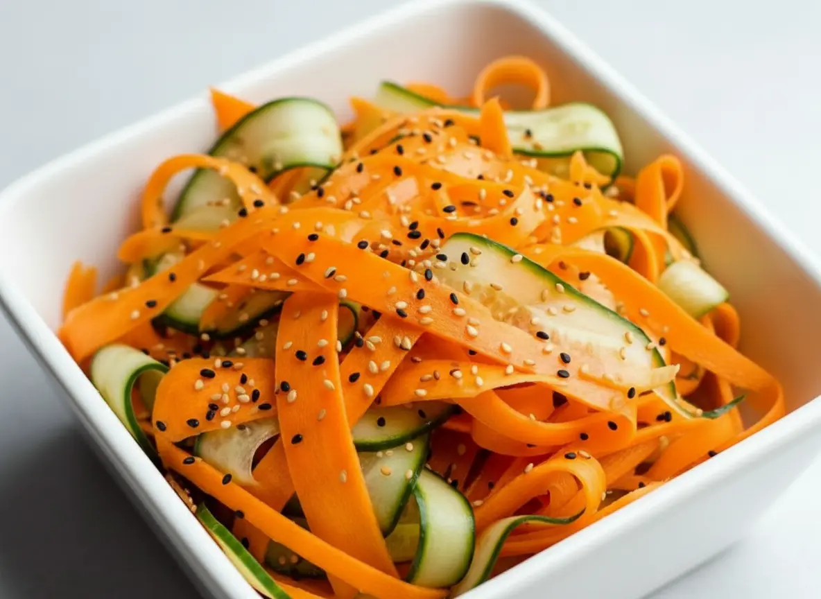 A vibrant close-up of a Cucumber and Carrot Salad in a textured ceramic bowl, filled with bright orange shaved carrots, green curly cucumber ribbons, and sprinkled generously with black and white sesame seeds. The bowl rests on a minimalist white plate on a light marble countertop. Natural morning light creates soft shadows. Wooden chopsticks are placed neatly beside the bowl, with a hint of fresh herbs in the warm, blurred background. The scene is clean and tidy. 4:3 aspect ratio.
