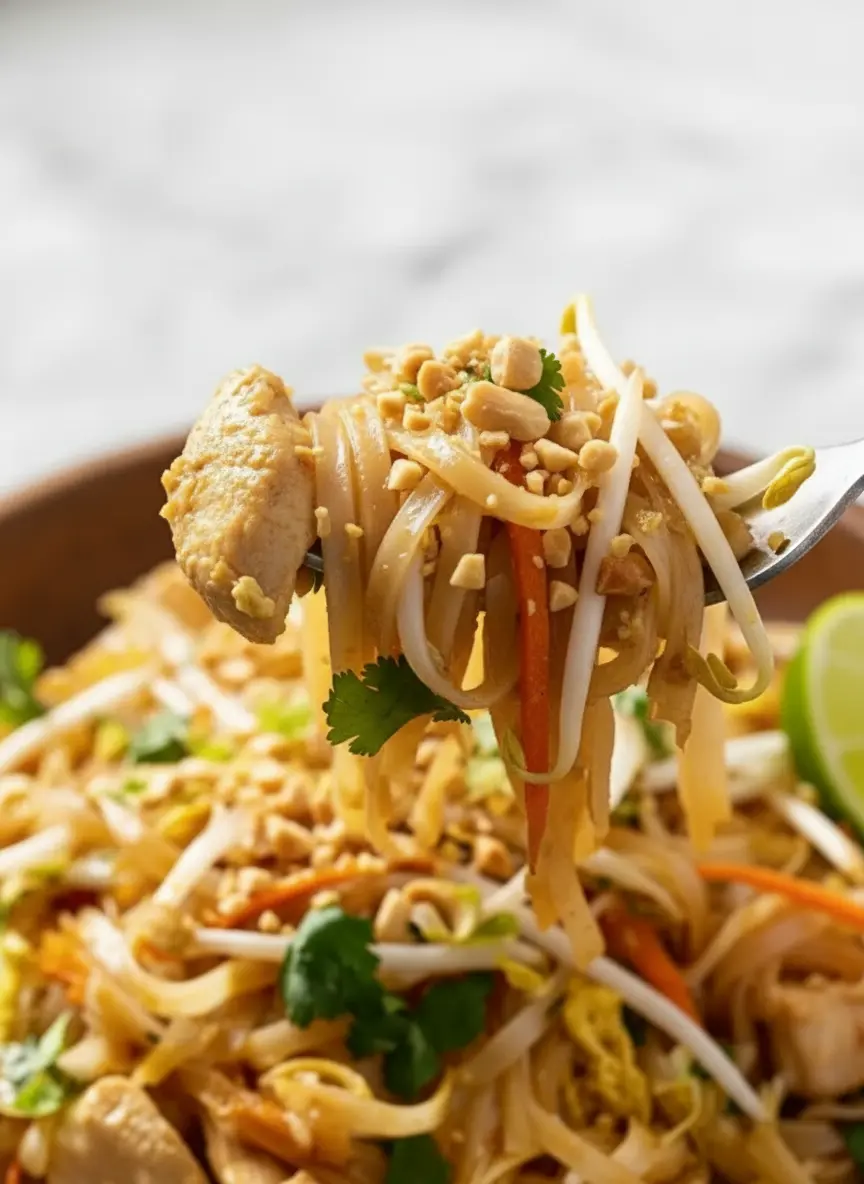A beautifully arranged flat lay of key ingredients for Chicken Pad Thai on a wooden cutting board on a marble countertop. This includes dry flat rice noodles, raw chicken breast cubes, fresh bean sprouts, shredded carrots, a lime, peanuts, cilantro, and small bowls containing prepared Pad Thai sauce ingredients (tamarind paste, fish sauce, sugar). Natural morning light, soft shadows, warm tones. (3:4 ratio)
