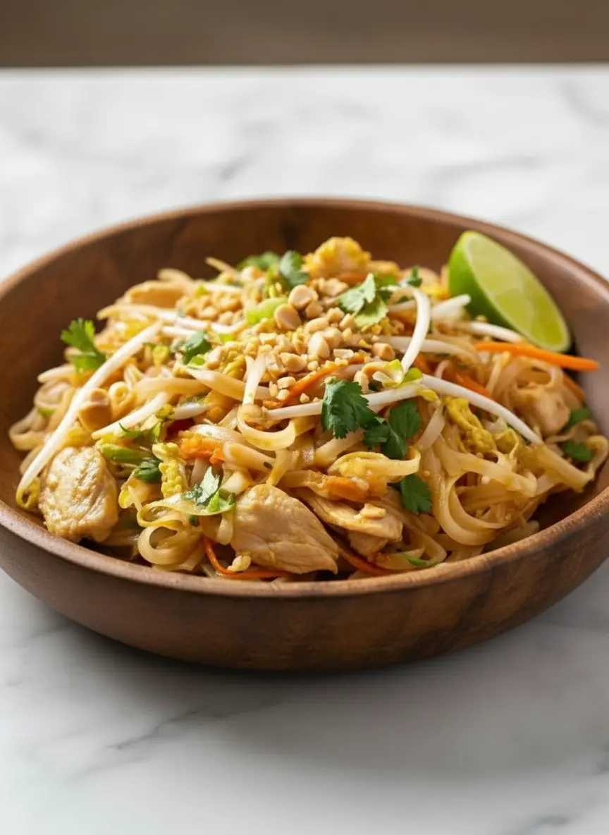 A wok on a stove burner with Chicken Pad Thai noodles, chicken, bean sprouts, and shredded carrots being stir-fried, mid-toss. The colors are vibrant and steam is subtly rising. The background subtly shows a clean kitchen with marble countertops. Natural morning light, soft shadows, warm tones, no hands. (3:4 ratio)