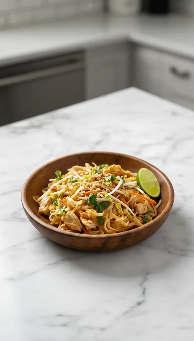 A close-up, angled shot of a fork pulling a strand of flavorful Chicken Pad Thai noodles from a white minimalist ceramic bowl, showcasing the tender chicken, vibrant bean sprouts, carrots, and the rich texture of the sauce. Garnished with peanuts and cilantro. On a marble countertop with a blurred wood accent in the background. Natural morning light, soft shadows, warm tones. (3:4 ratio)