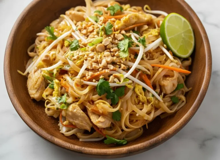 A close-up, slightly elevated shot of the finished Chicken Pad Thai on a white minimalist plate, garnished with chopped peanuts, fresh cilantro, and a vibrant lime wedge. The light is natural morning light, casting soft shadows. Background features a hint of marble countertop and a subtle wood accent, with fresh herbs blurred in the distance. Warm tones, clean and tidy presentation. (4:3 ratio)