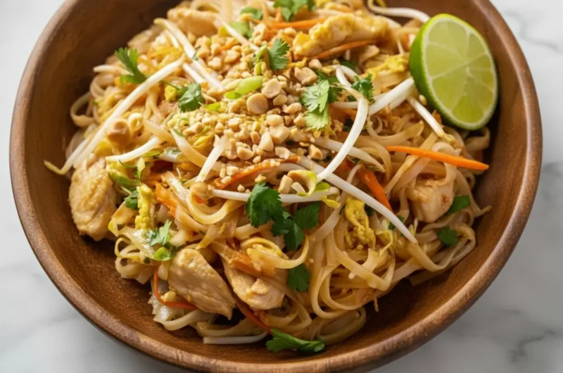 A close-up, slightly elevated shot of the finished Chicken Pad Thai on a white minimalist plate, garnished with chopped peanuts, fresh cilantro, and a vibrant lime wedge. The light is natural morning light, casting soft shadows. Background features a hint of marble countertop and a subtle wood accent, with fresh herbs blurred in the distance. Warm tones, clean and tidy presentation. (4:3 ratio)