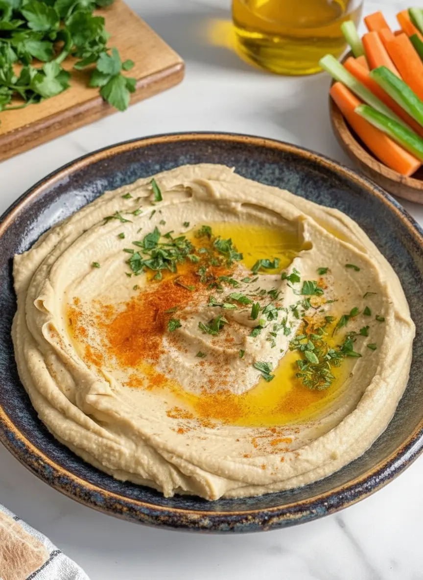 A 3:4 close-up shot of the fresh ingredients for an Easy Creamy Hummus Recipe laid out on a white marble countertop: rinsed chickpeas in a small bowl, a jar of tahini, a sliced lemon, a whole garlic clove, and a wooden cutting board with a pile of fresh parsley. Natural morning light, soft shadows, warm tones.