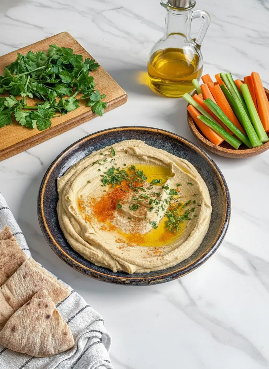 A 3:4 shot of a food processor actively blending the ingredients for an Easy Creamy Hummus Recipe. The creamy, light beige mixture is visible inside the processor bowl, with splashes on the sides. A stream of olive oil is being poured into the mixture. The food processor is on a white marble countertop under natural morning light, creating soft shadows.