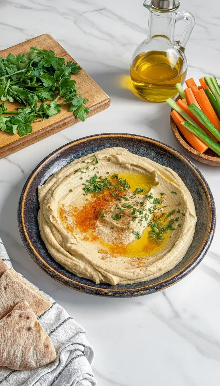 A 3:4 close-up shot focusing on the incredibly smooth texture of the Easy Creamy Hummus Recipe in a dark ceramic bowl. The surface shows a subtle swirl, a generous drizzle of golden olive oil, and sprinkles of fresh green parsley and red paprika. A corner of a white striped linen napkin and a few triangles of pita bread are visible in the foreground, all on a white marble countertop with natural morning light.
