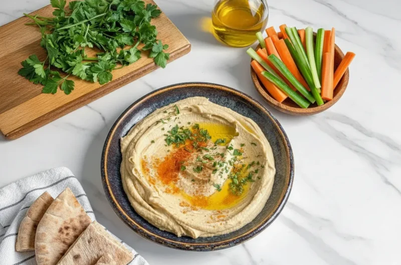 A perfectly styled 4:3 overhead shot of a dark ceramic bowl filled with an Easy Creamy Hummus Recipe, featuring a central swirl drizzled with golden olive oil, topped with vibrant chopped fresh parsley and a dusting of paprika. The bowl sits on a white marble countertop. In the background, on a wooden cutting board, is a pile of fresh chopped parsley. A clear glass cruet of olive oil and a small wooden bowl of fresh carrot and celery sticks are also visible, all under natural morning light creating soft shadows and warm tones. Clean and tidy presentation.
