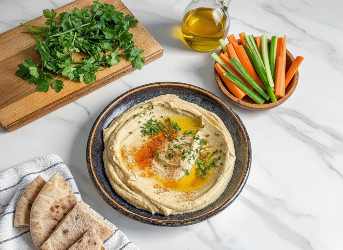 A perfectly styled 4:3 overhead shot of a dark ceramic bowl filled with an Easy Creamy Hummus Recipe, featuring a central swirl drizzled with golden olive oil, topped with vibrant chopped fresh parsley and a dusting of paprika. The bowl sits on a white marble countertop. In the background, on a wooden cutting board, is a pile of fresh chopped parsley. A clear glass cruet of olive oil and a small wooden bowl of fresh carrot and celery sticks are also visible, all under natural morning light creating soft shadows and warm tones. Clean and tidy presentation.