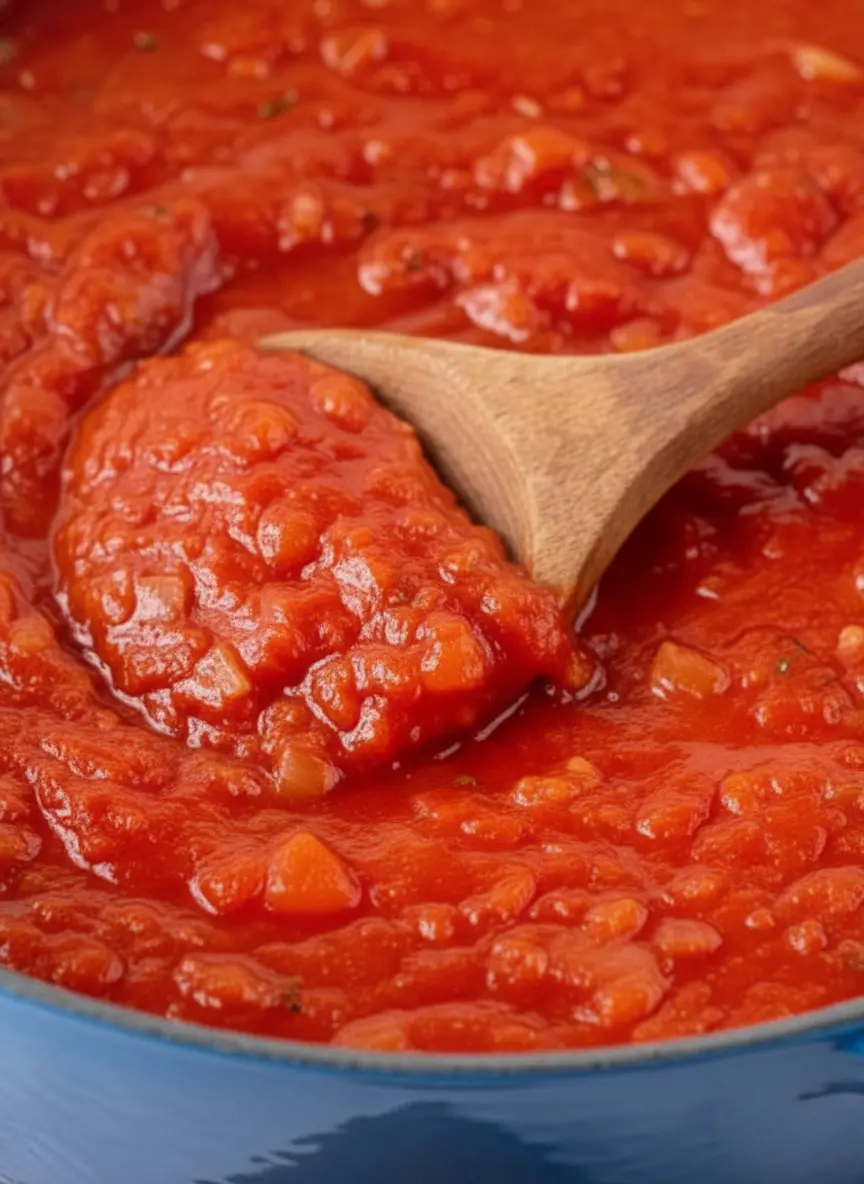 A clean composition showcasing the prepped ingredients for easy homemade tomato sauce pasta: finely chopped onions and minced garlic in small ceramic bowls, a can of crushed San Marzano tomatoes, and a sprig of fresh basil, all arranged on a wooden cutting board on a white marble countertop under soft morning light. (3:4 ratio)