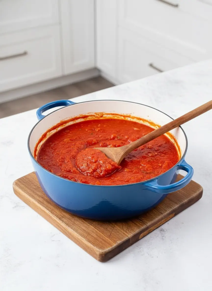 A close-up of the process of making easy homemade tomato sauce pasta: a wooden spoon stirring the chunky red tomato sauce inside a bright blue enamel Dutch oven, which is gently simmering on a stovetop. Steam subtly rises, and the texture of the tomatoes and herbs is clearly visible. The pot rests on a wooden board, with a hint of marble counter. (3:4 ratio)