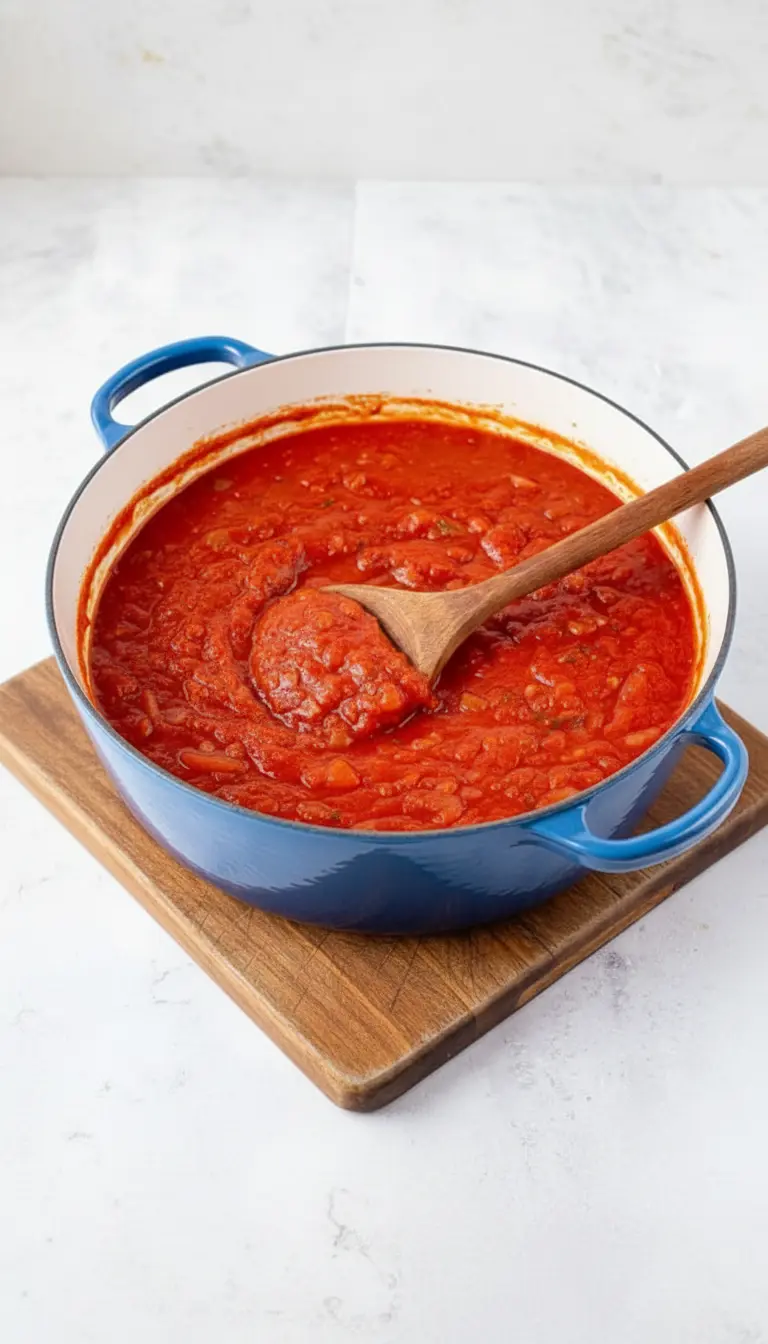 A serving shot of Easy Homemade Tomato Sauce Pasta: a generous portion of pasta coated in the vibrant red chunky tomato sauce, garnished with fresh basil and grated Parmesan cheese, presented in a minimalist white ceramic bowl. The bowl is on a wooden cutting board on a white marble countertop, bathed in natural light. (3:4 ratio)