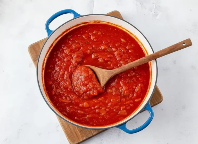 A vibrant red chunky homemade tomato sauce in a bright blue enamel Dutch oven, being gently stirred by a wooden spoon. The pot sits on a rustic wooden cutting board on a white marble countertop. Natural morning light streams in from an east window, creating soft shadows and warm tones. Fresh basil leaves are subtly visible in the background, adding a pop of green. The overall presentation is clean and tidy. (4:3 ratio)